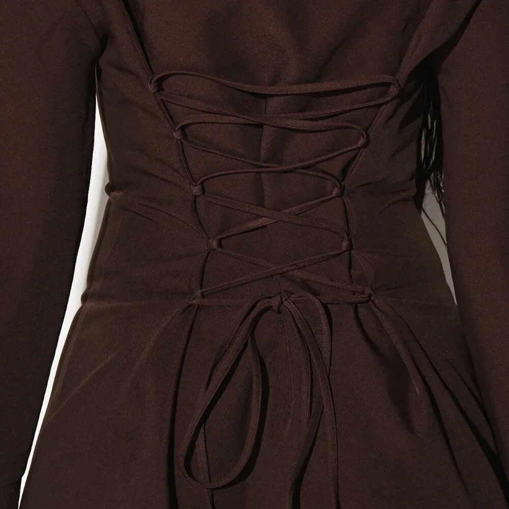 Brown Elegant Women's Long Sleeve Collared Tie Waist Mini Dress
